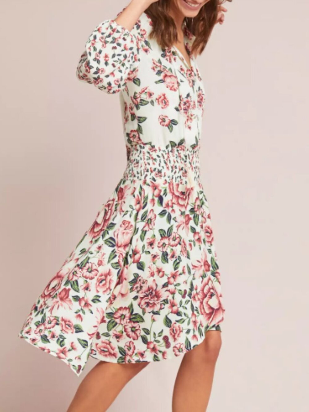 Farm Rio x Anthropologie Anabela Smocked Floral Mini Dress, Long Sleeve - Large